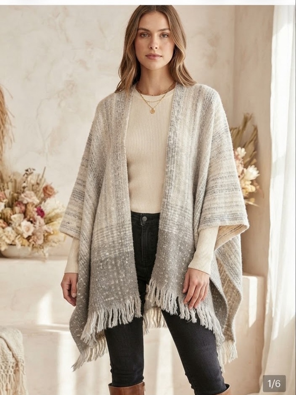 Cejon Cream Knit Poncho Wrap Fringe Super Soft Shawl  Blanket one Size Boho